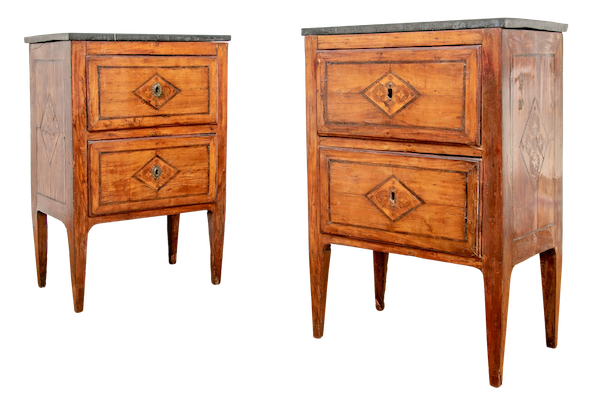 A lovely pair of antique (c. 1800) Italian Neoclassical commodes with fruitwood inlay